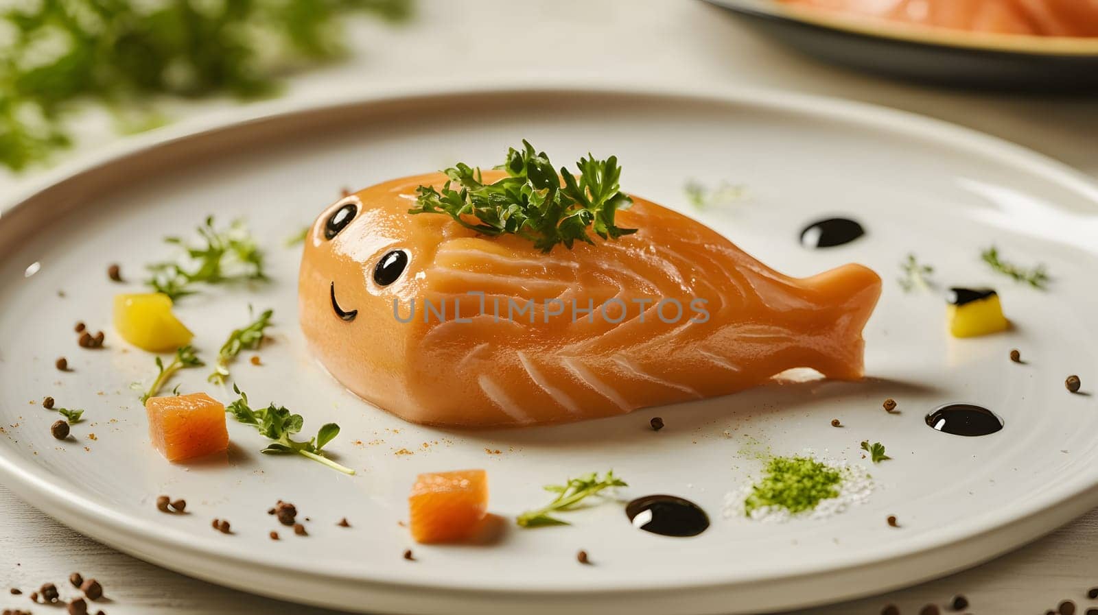 A playful salmon dish garnished with herbs and decorative elements.