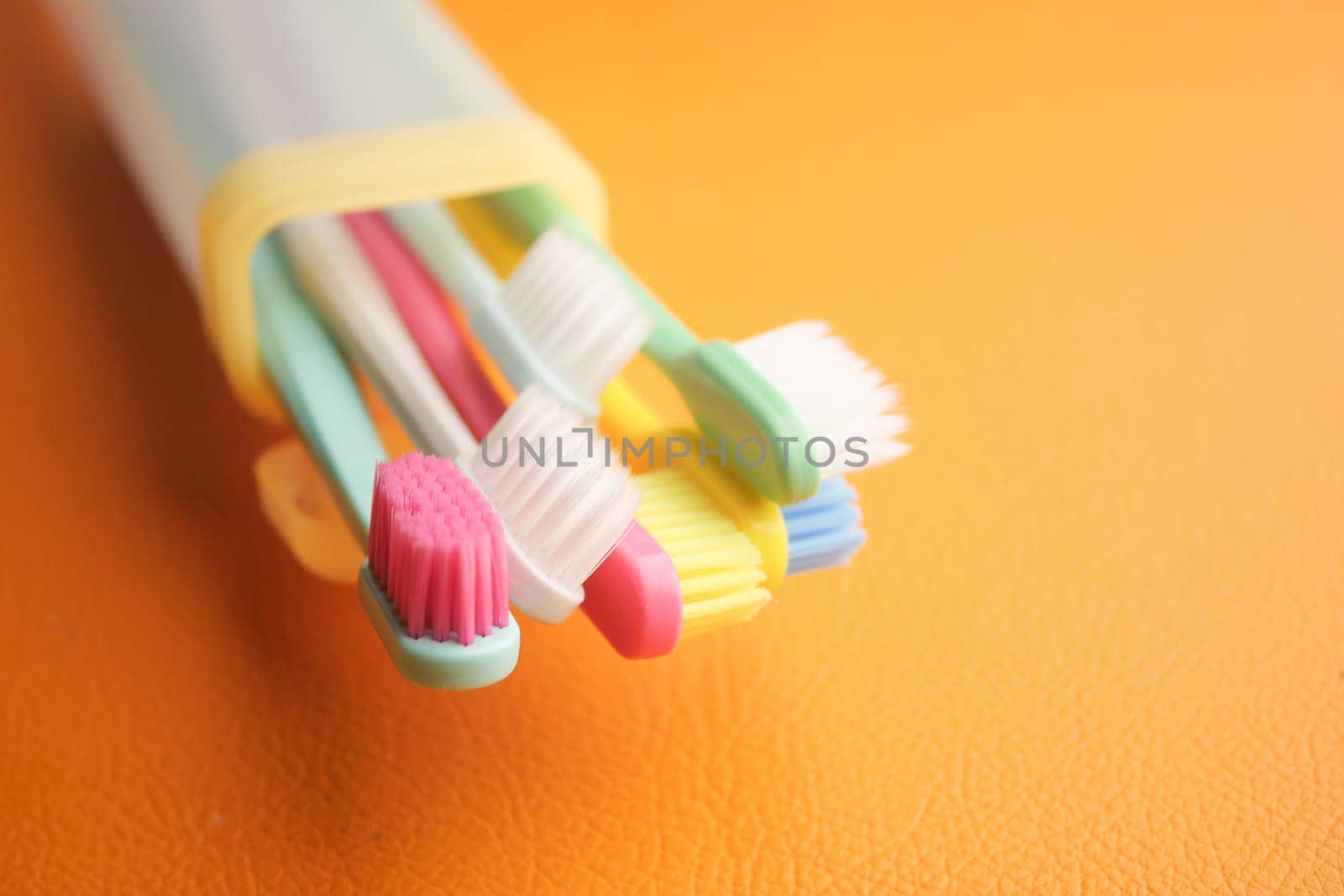 A vibrant and lively collection of toothbrushes nicely organized in a colorful holder