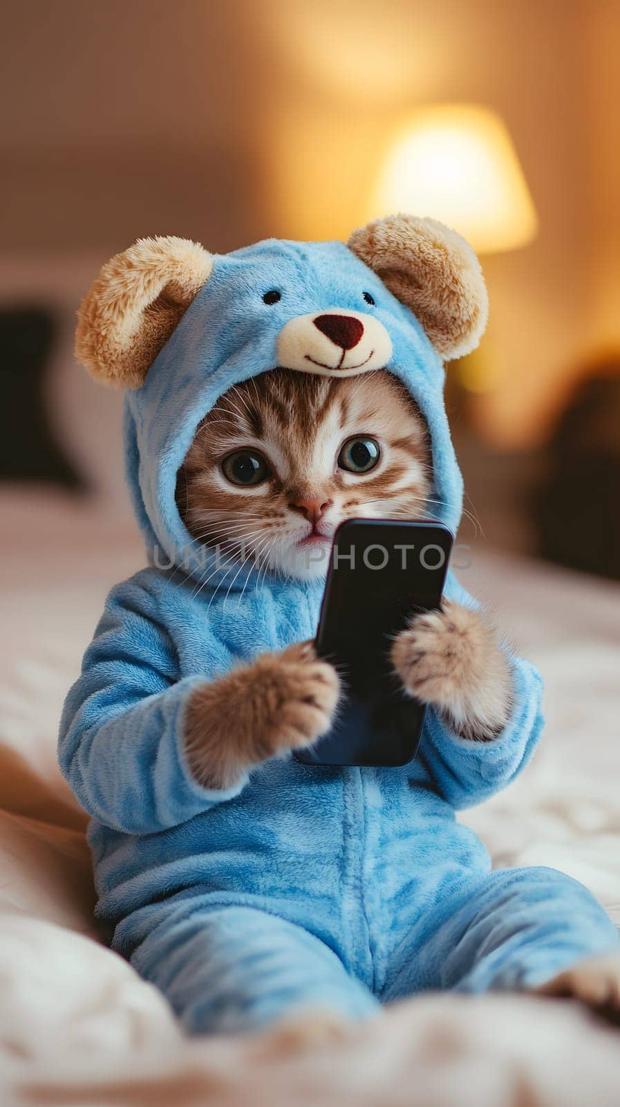 A cute kitten in a bear hoodie using a smartphone on a bed.