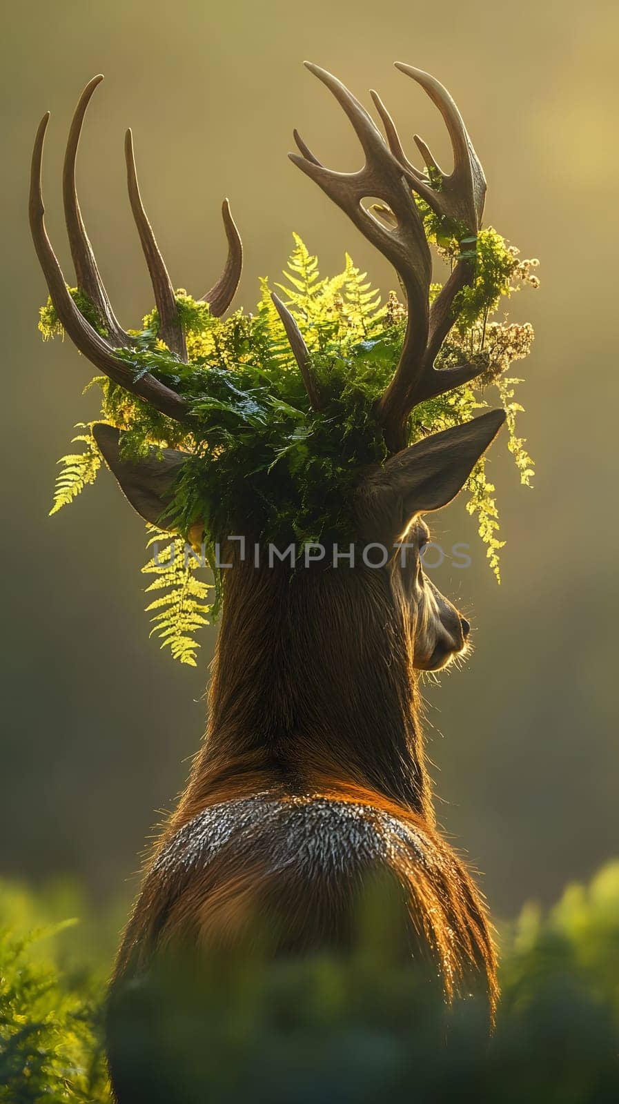A majestic deer adorned with ferns, showcasing nature's beauty.