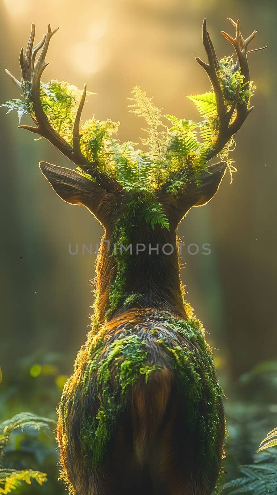 A majestic deer adorned with moss and ferns in a sunlit forest.