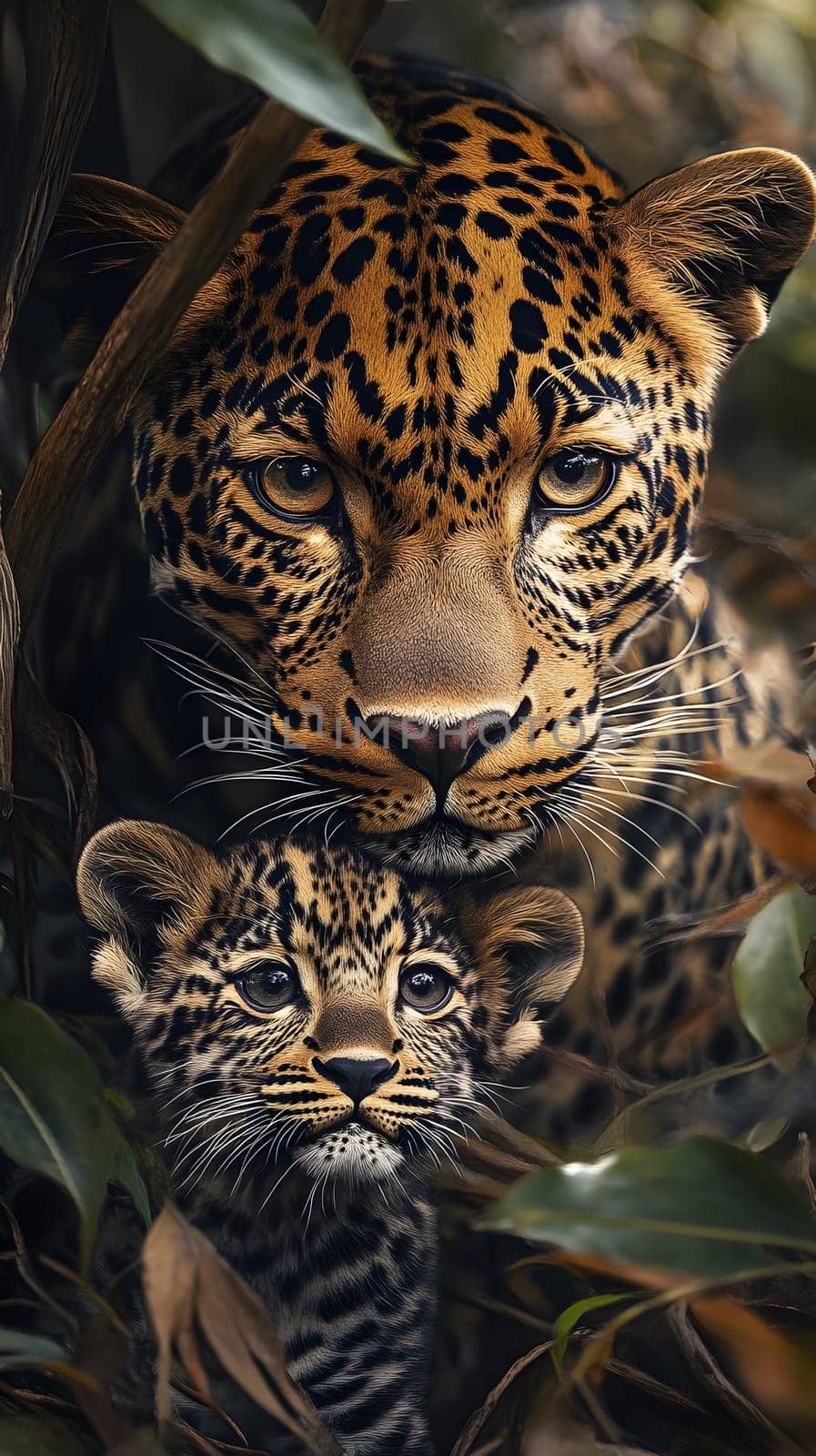 A leopard mother and her cub nestled among lush foliage.