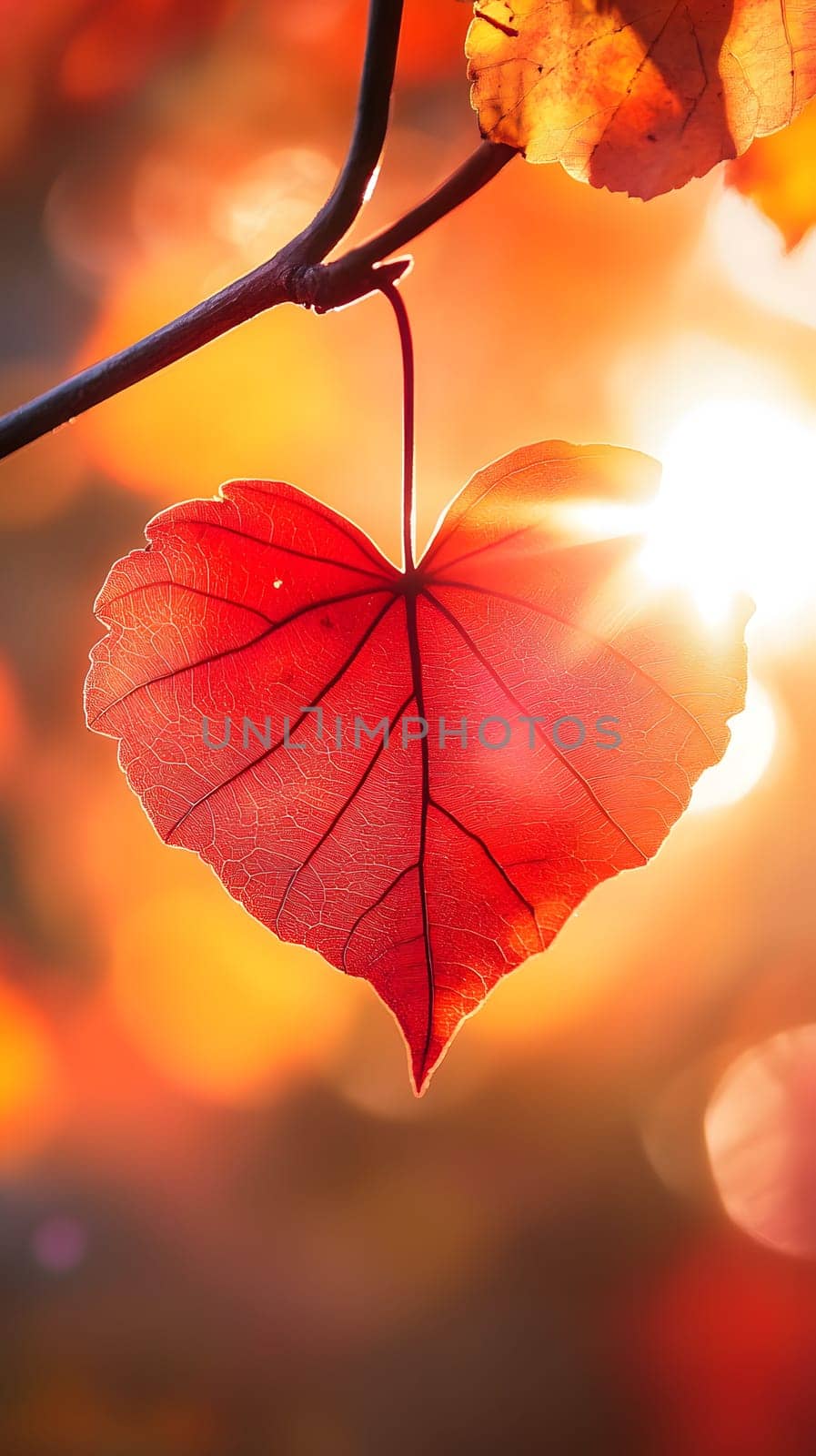 A heart-shaped autumn leaf illuminated by sunlight.