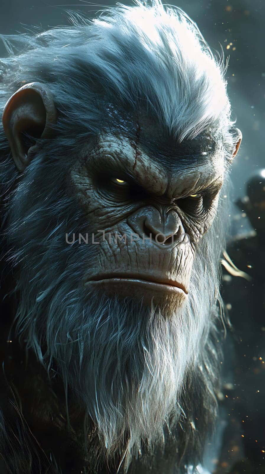 A fierce, detailed portrait of a mythical ape-like creature.