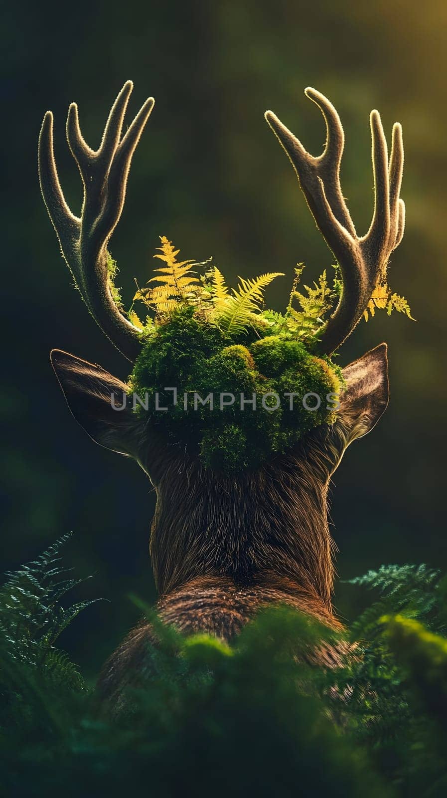A deer with antlers covered in moss, set in a lush forest.