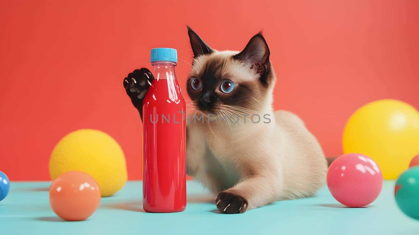 A playful cat interacts with a colorful bottle and balls.