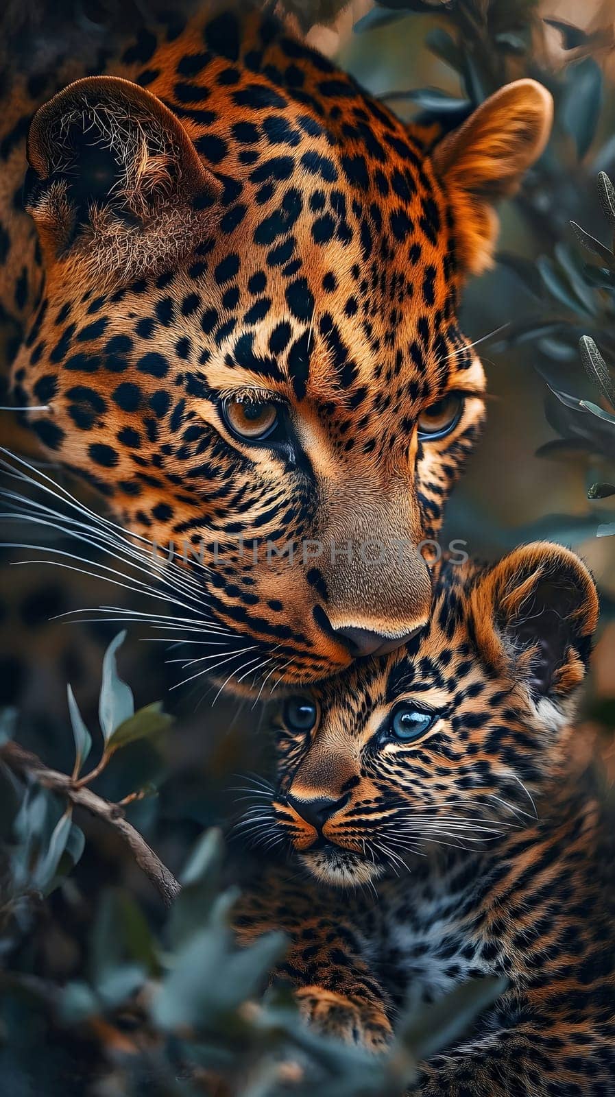 A close-up of a leopard mother and her cub in a natural setting.