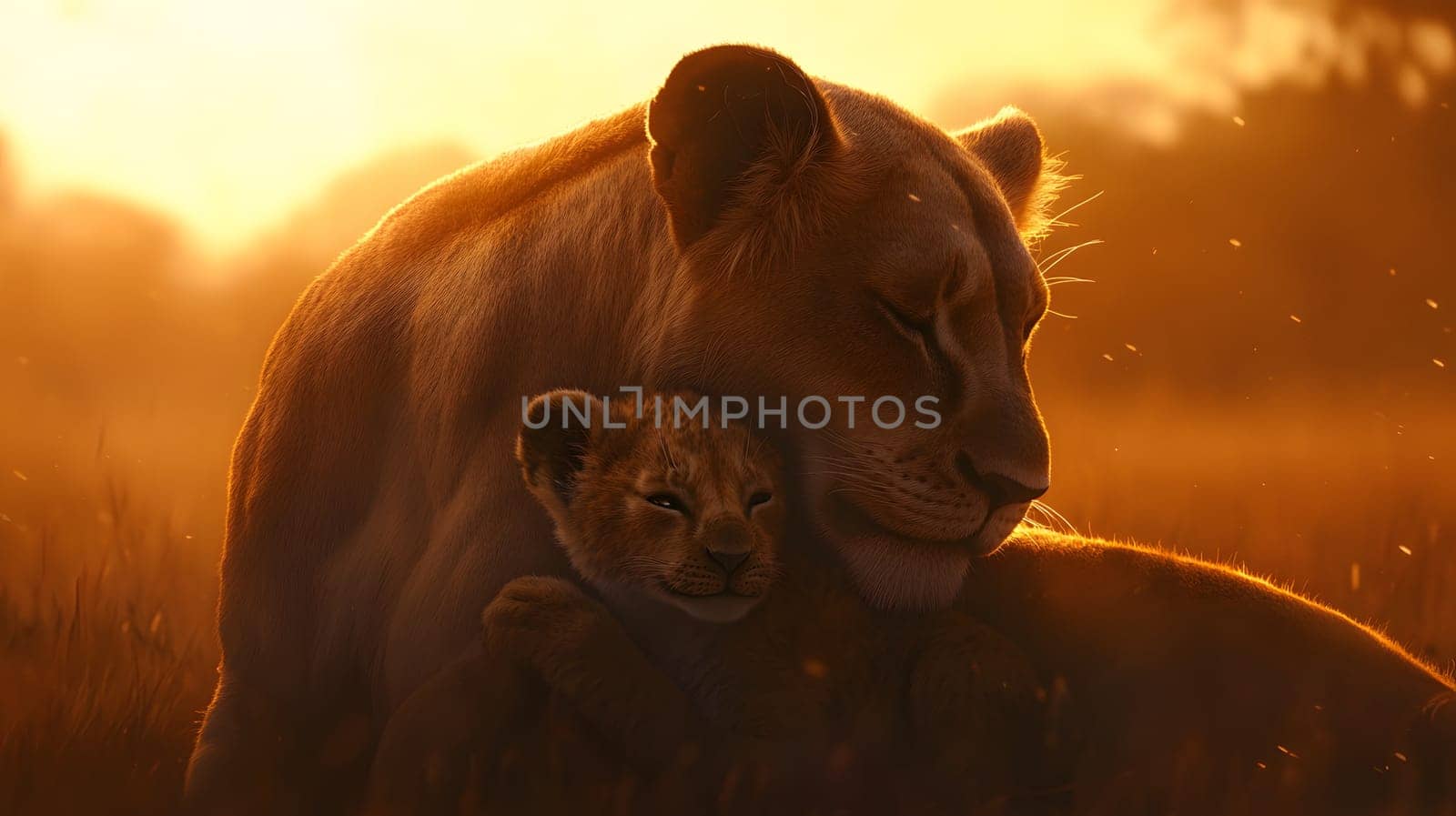 A lioness embraces her cub in a warm, golden sunset.