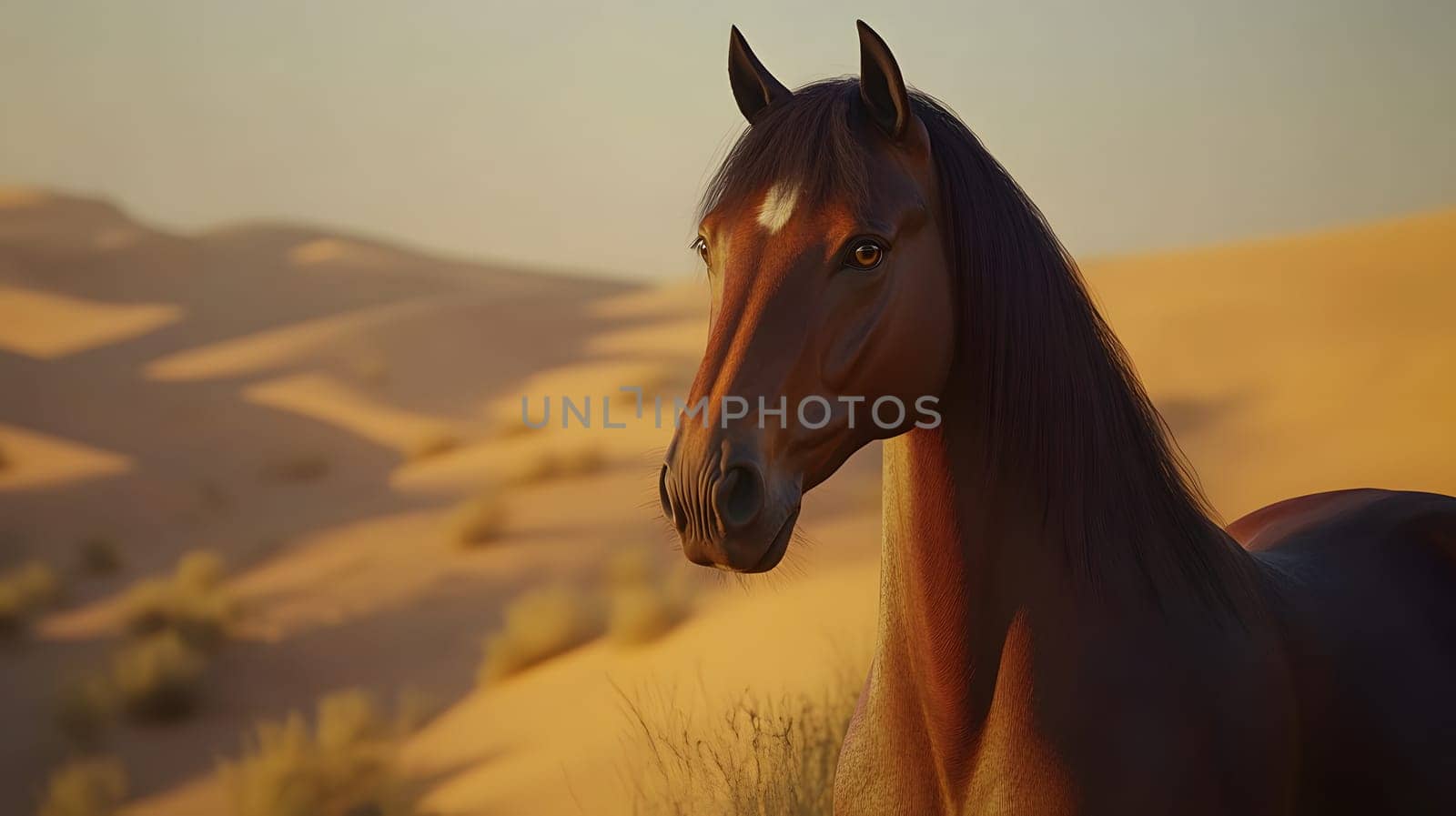A majestic horse stands in a serene desert landscape at sunset.