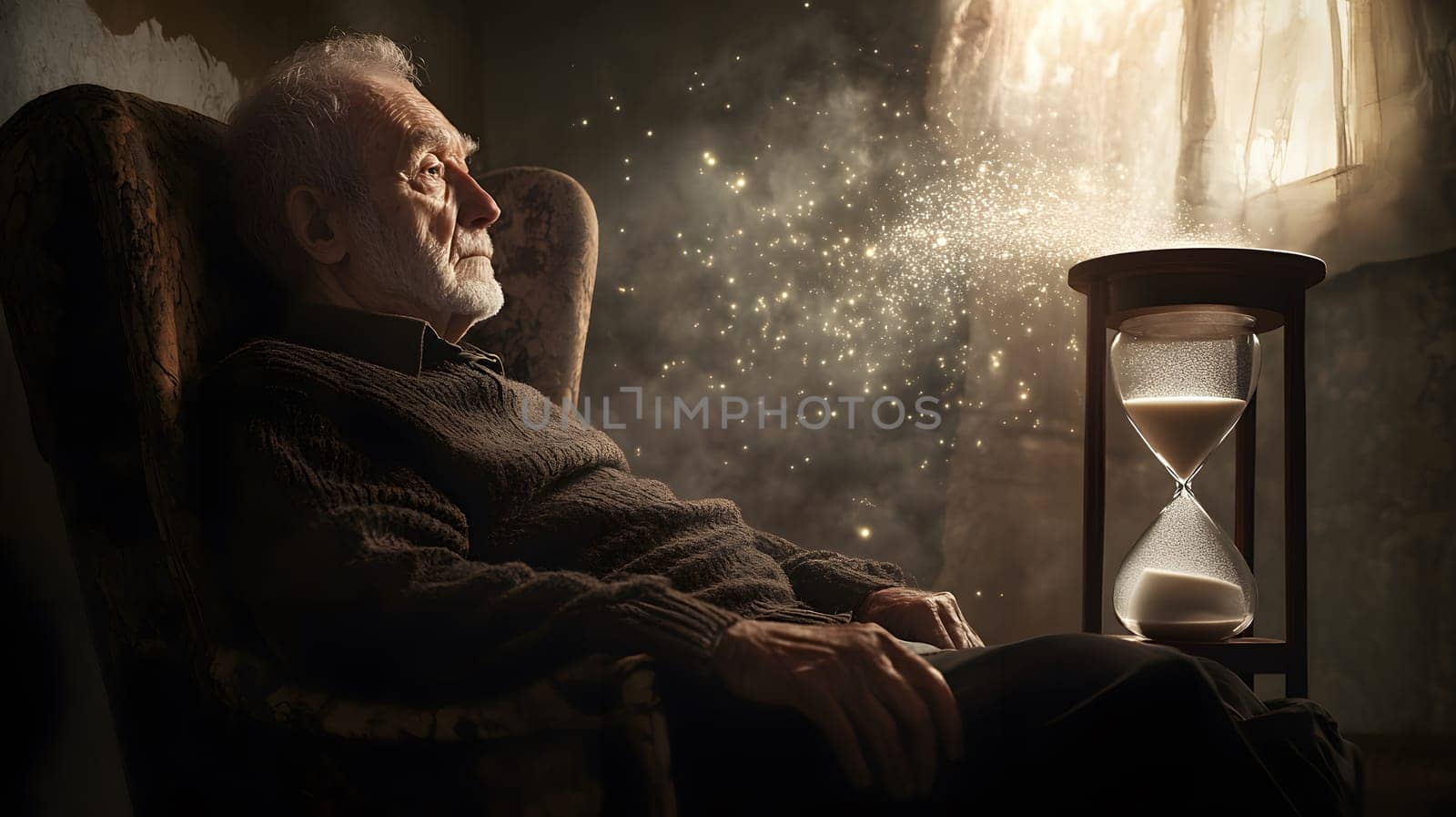 An elderly man reflects on time beside an hourglass in a dim room.