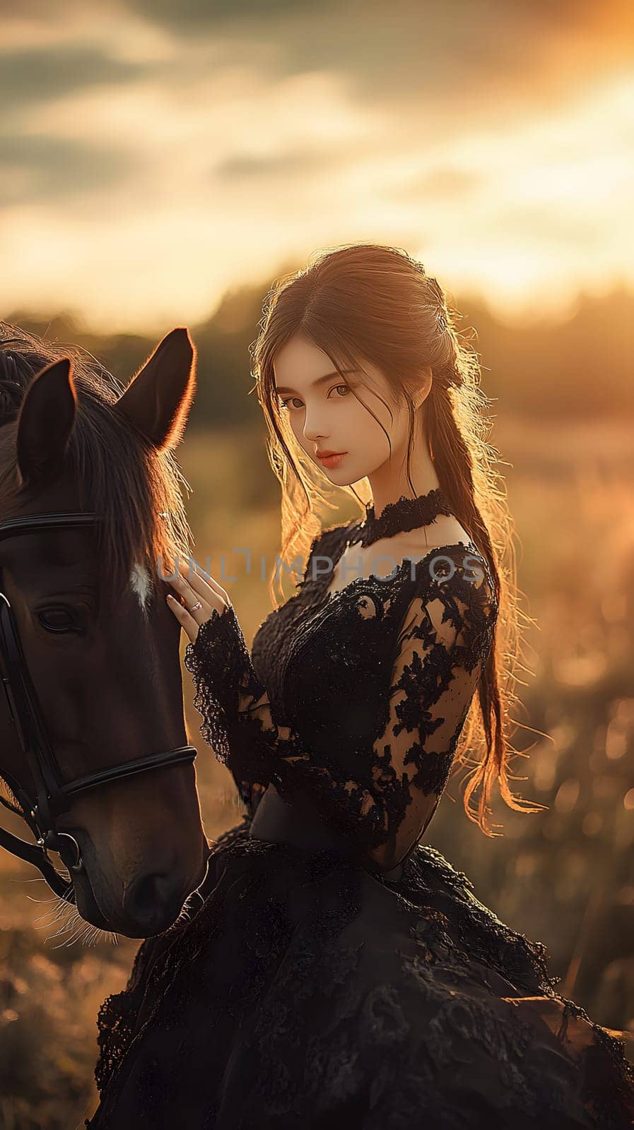 A woman in a black dress stands beside a horse at sunset.