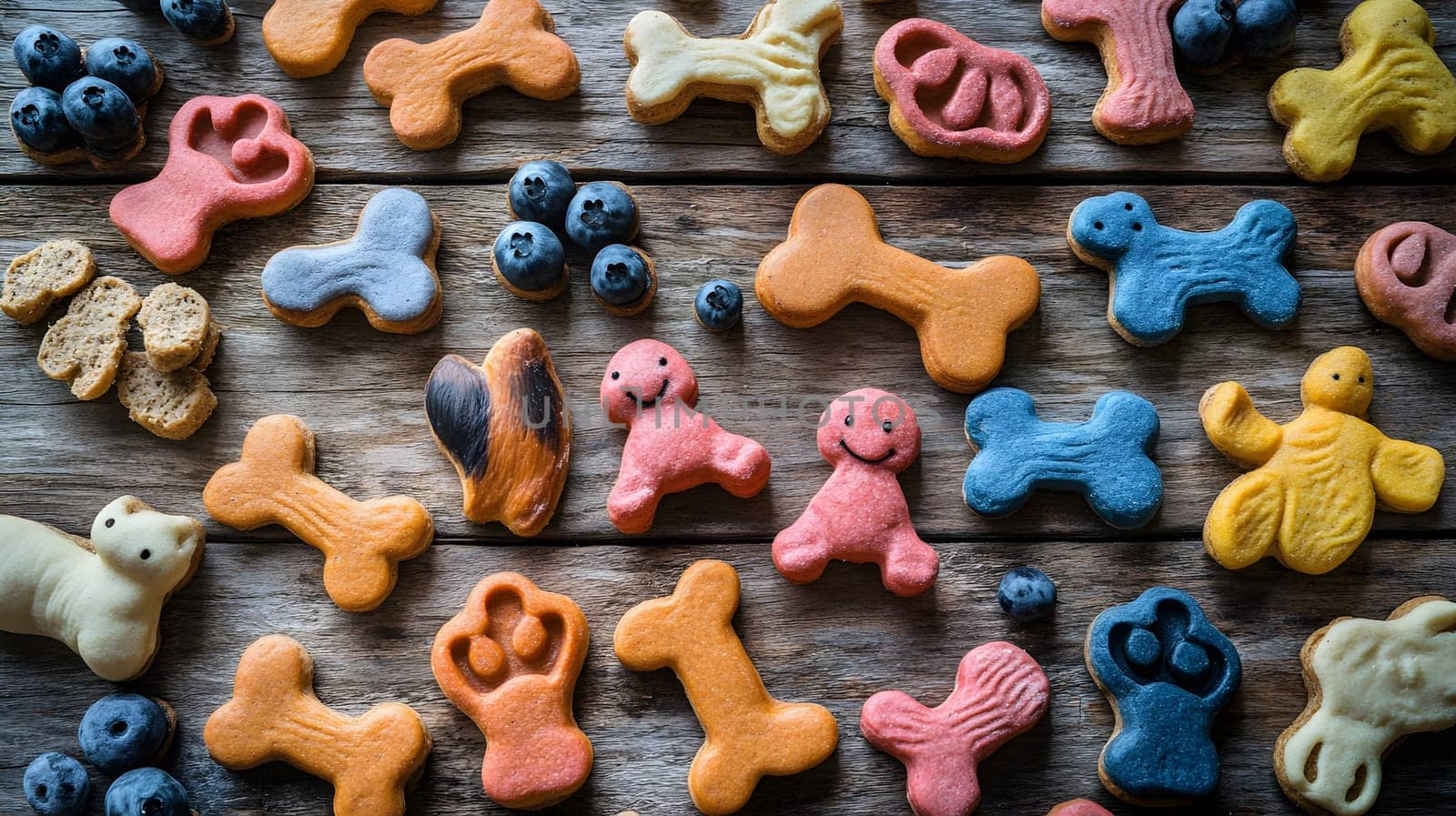 Colorful cookies shaped like bones and animals on a wooden surface.