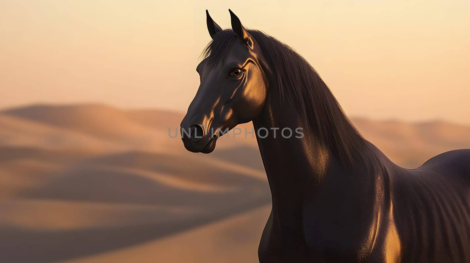 A majestic black horse against a serene desert backdrop at sunset.