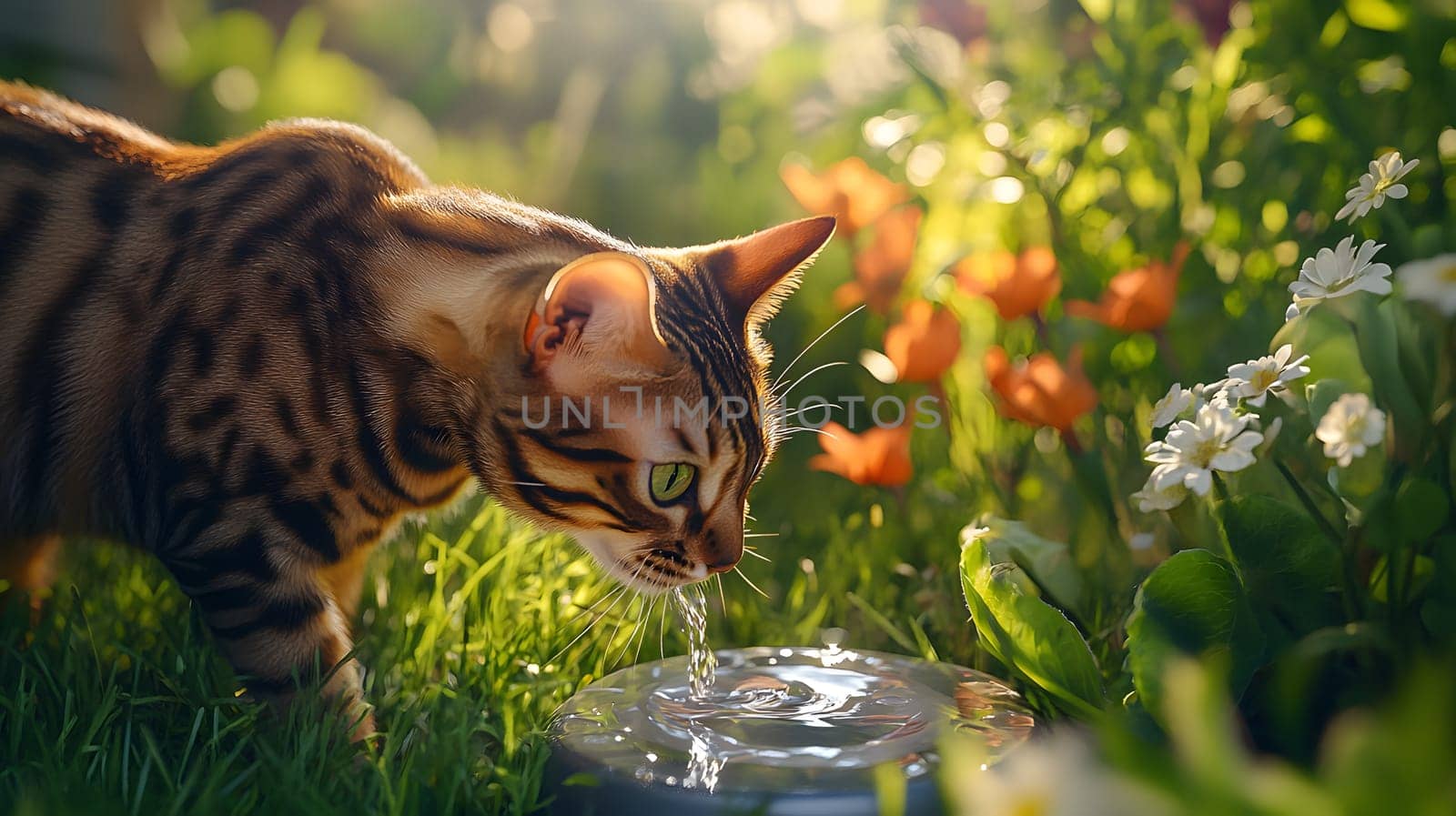 A Bengal cat drinking water in a vibrant garden setting.