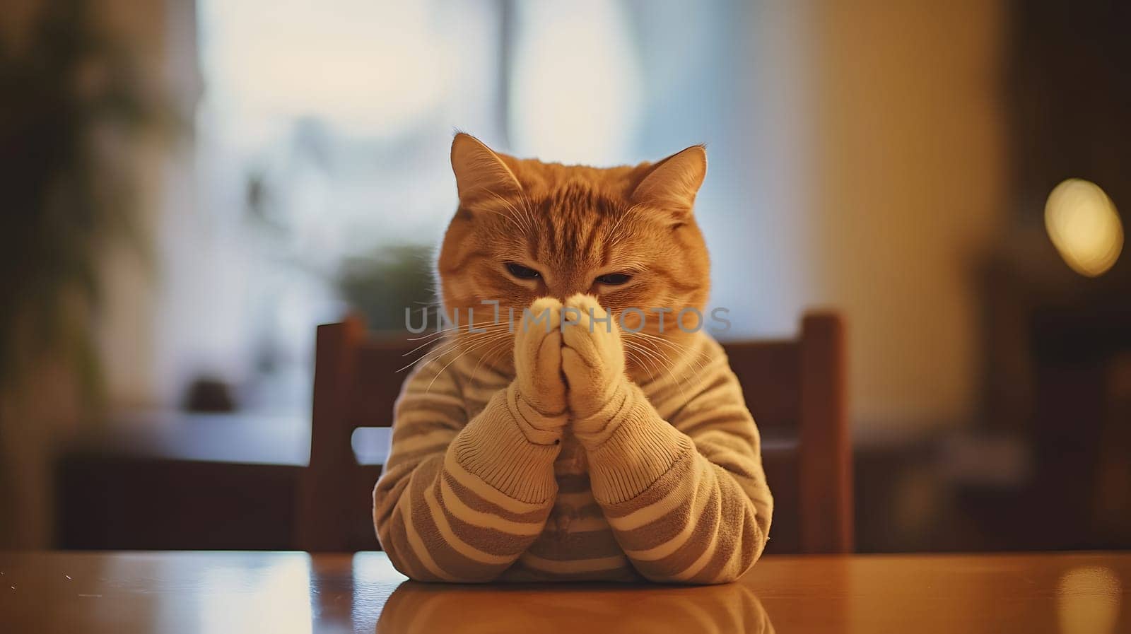 A cat in a striped sweater sits thoughtfully at a table.