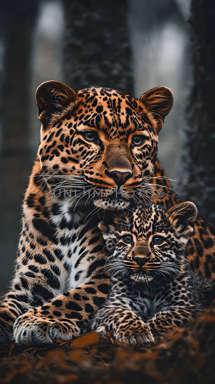 A mother leopard and her cub resting in a serene forest setting.