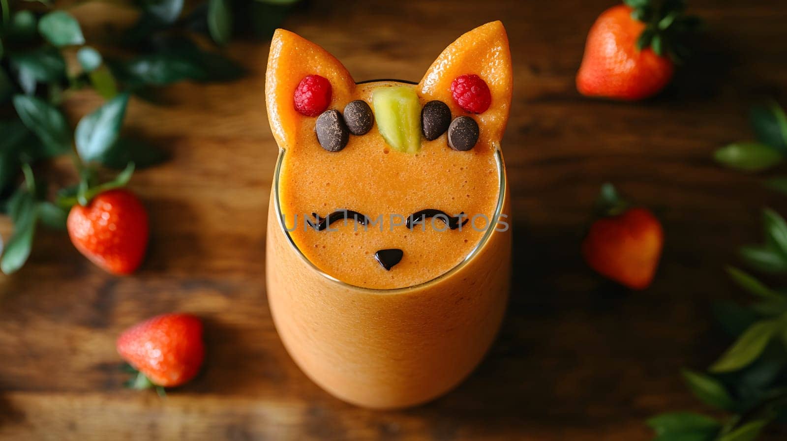 A cute smoothie designed to look like a cat face, garnished creatively.