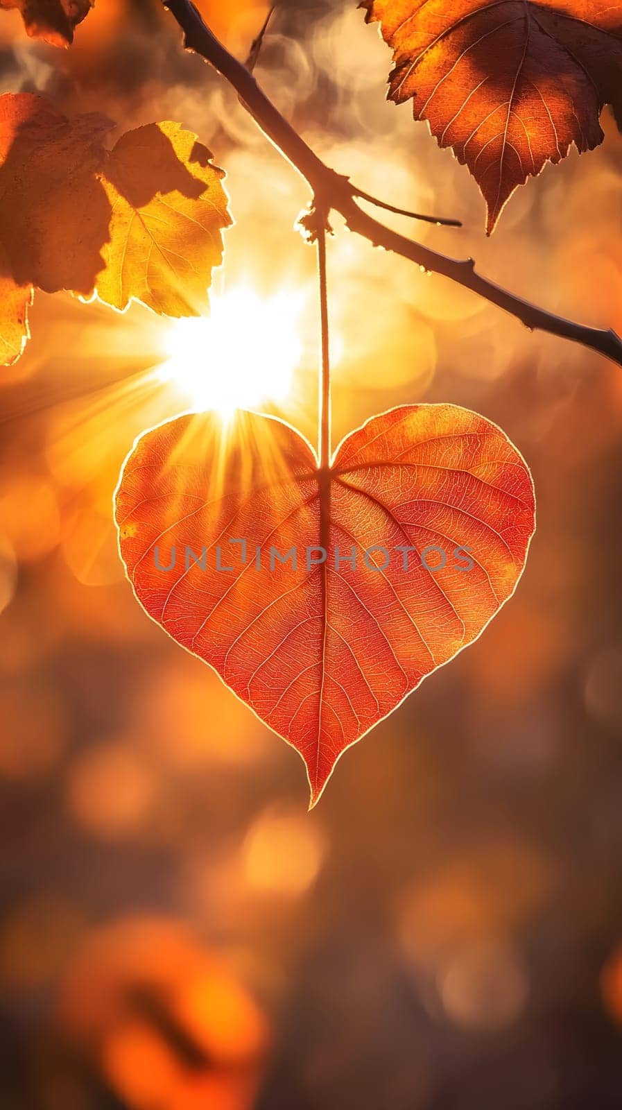 A heart-shaped leaf illuminated by sunlight, symbolizing love and nature.