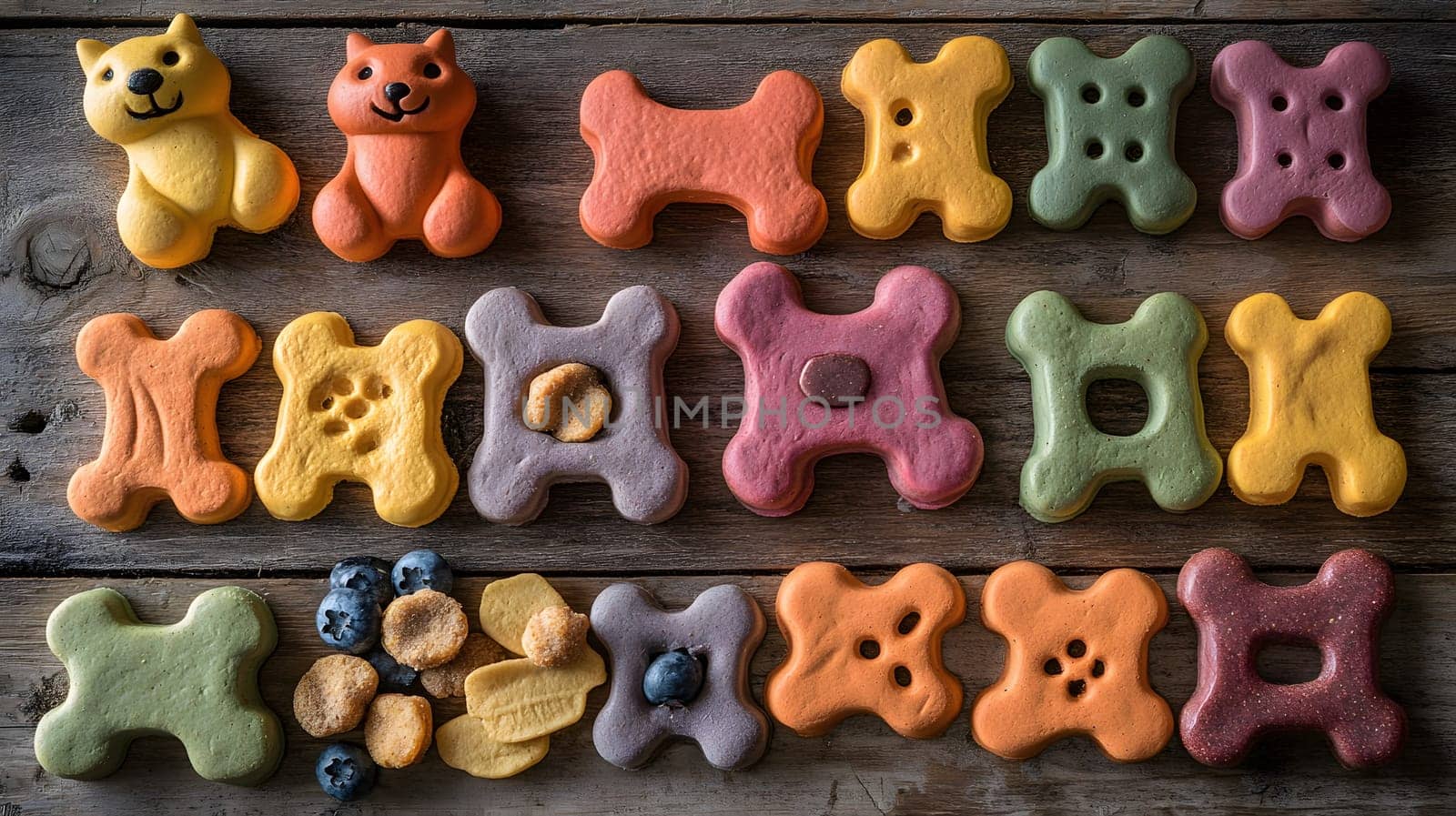 Colorful pet treats shaped like bones and animals on a wooden surface.