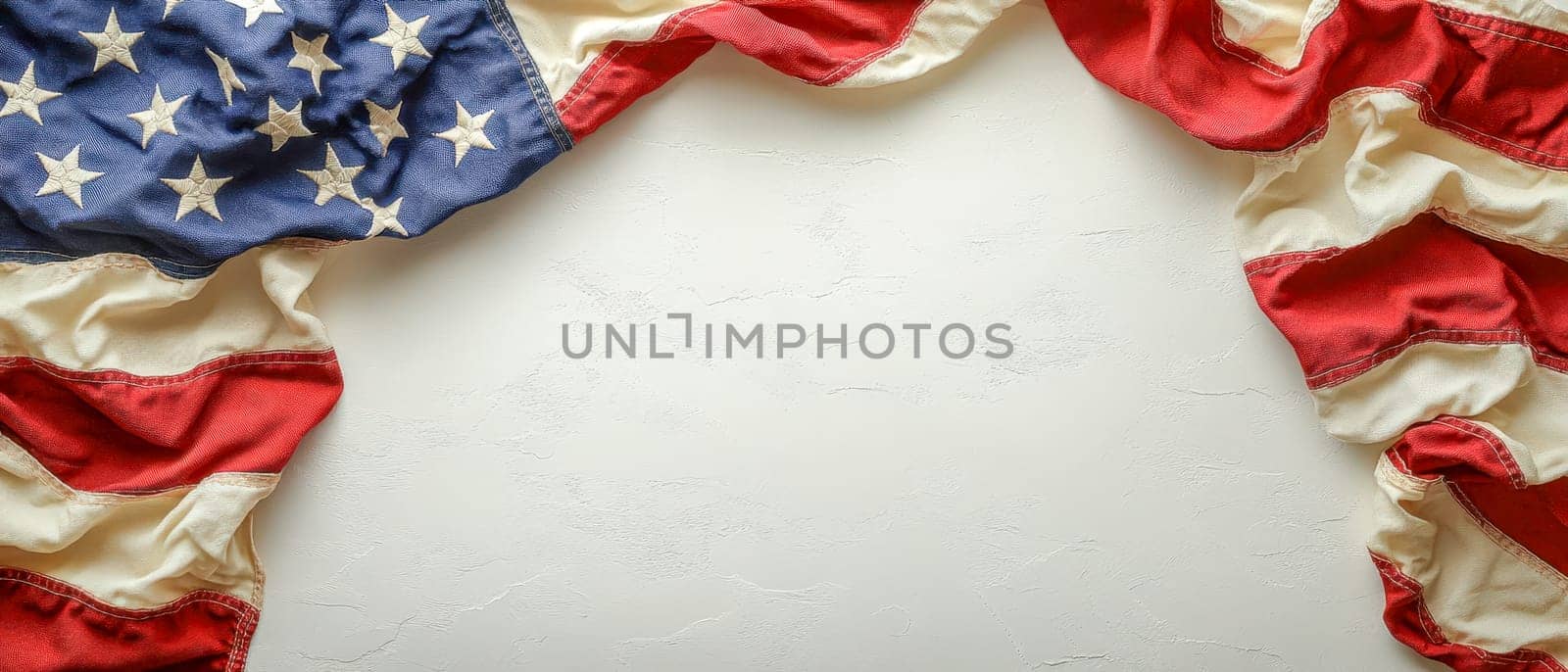 Presidents' Day. A softly draped American flag positioned around a blank space on a textured white background, perfect for designs with text overlays