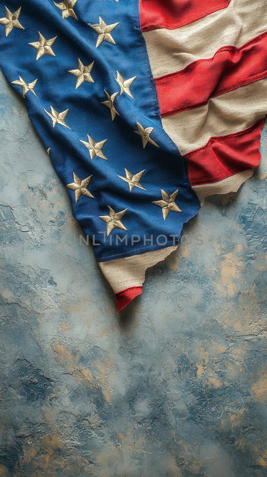 Presidents' Day. A detailed view of the American flag's stars and stripes, emphasizing its vibrant colors and texture against a rough background