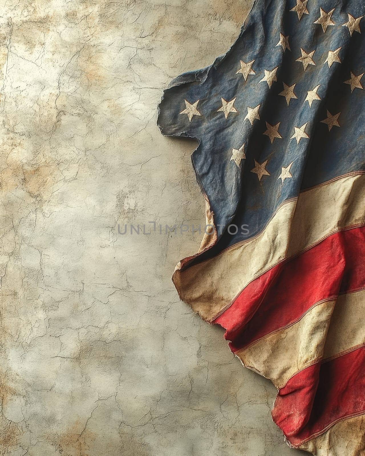 Presidents' Day. A vintage-style American flag hung against a weathered wall with cracks and textures, symbolizing resilience and history