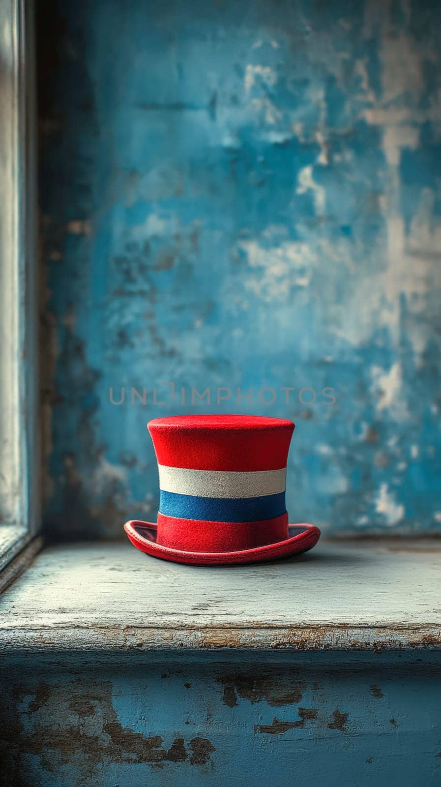 Presidents' Day. A charming patriotic hat in vibrant colors, resting on a window ledge with a rustic and artistic backdrop, symbolizing tradition and pride