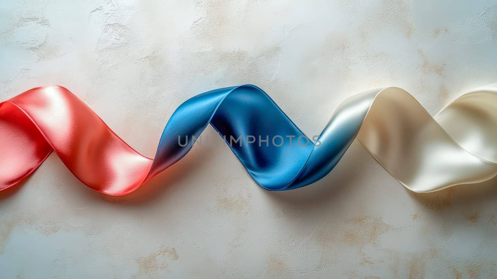 Presidents' Day. Stylized satin ribbons in red, white, and blue colors elegantly arranged on a clean, textured surface