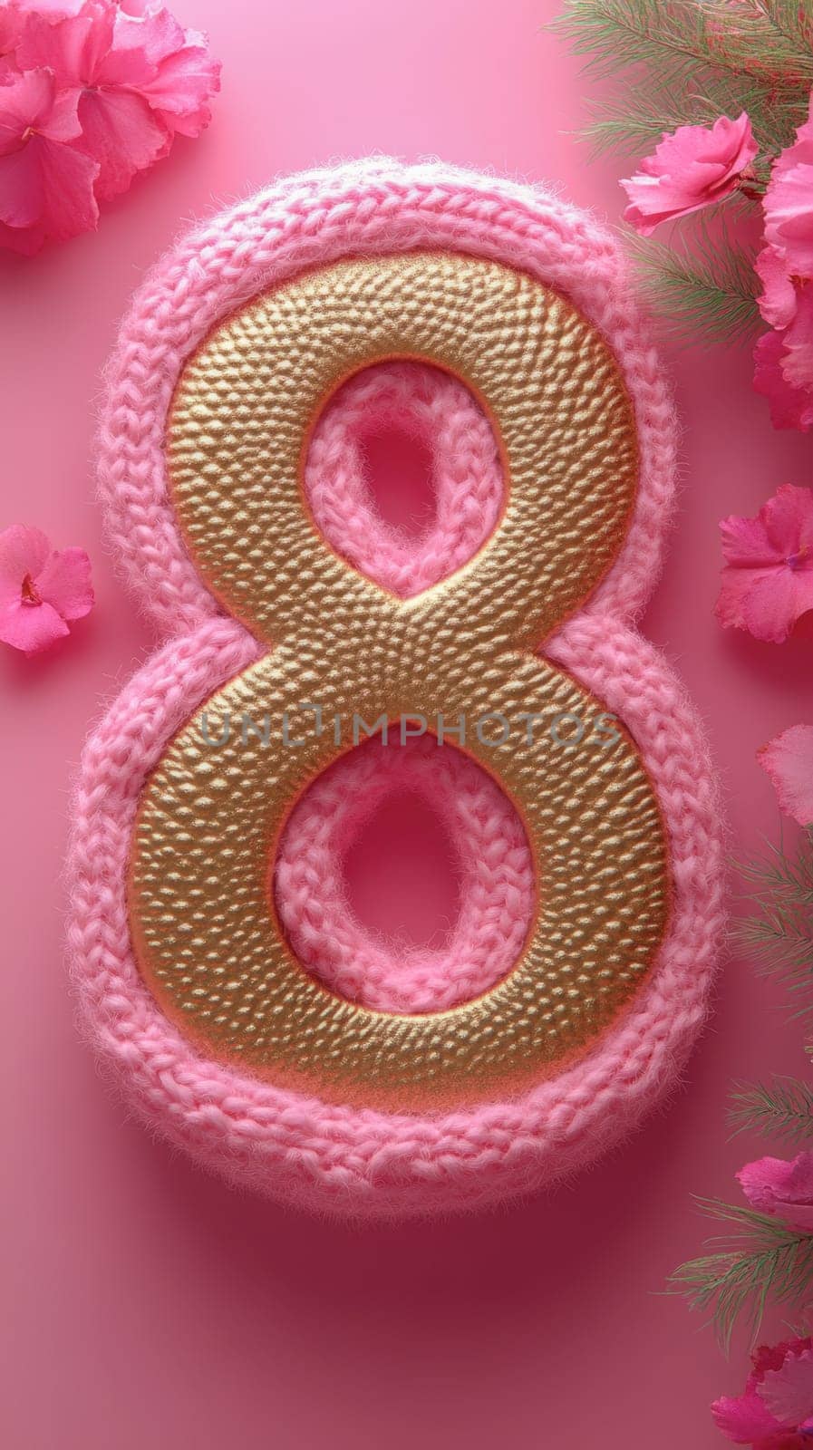 A golden number eight with a knitted pink border, placed on a pink background with delicate floral accents
