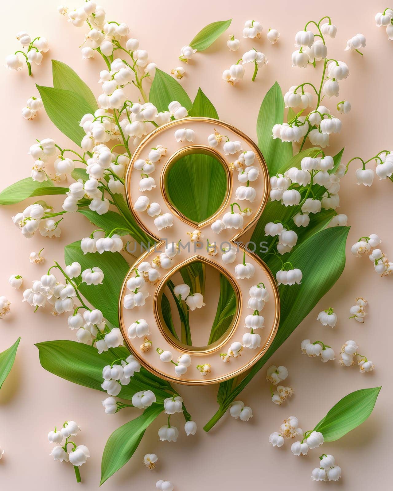 A textured golden number 8 surrounded by blooming pink and white flowers on a vibrant blue background, symbolizing Women Day. Space available for text or personalized message