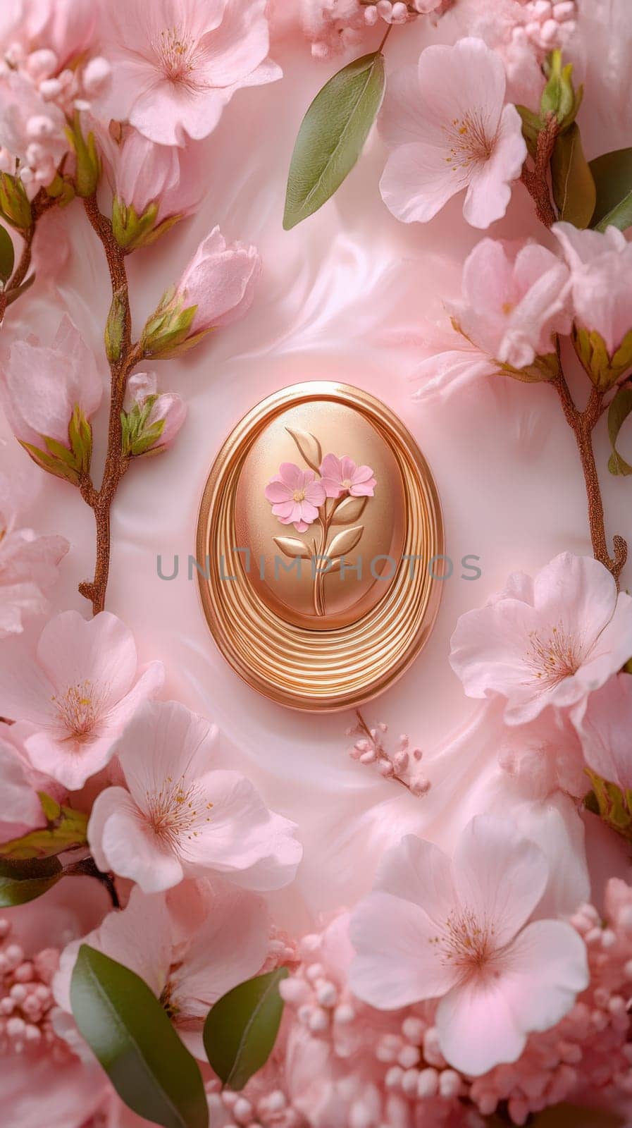 A golden oval ornament featuring delicate floral details, set against a soft pink background, symbolizing femininity, elegance, and celebration for International Women's Day