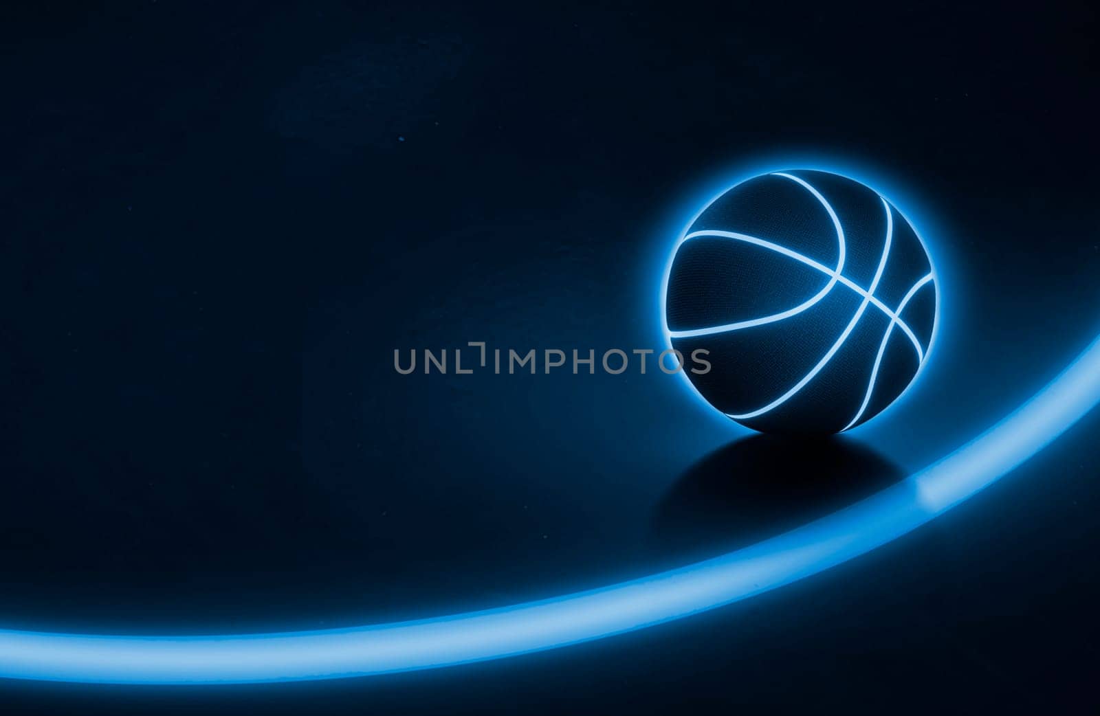 Basketball ball has a glowing blue neon line. with blue glowing neon lines in the field