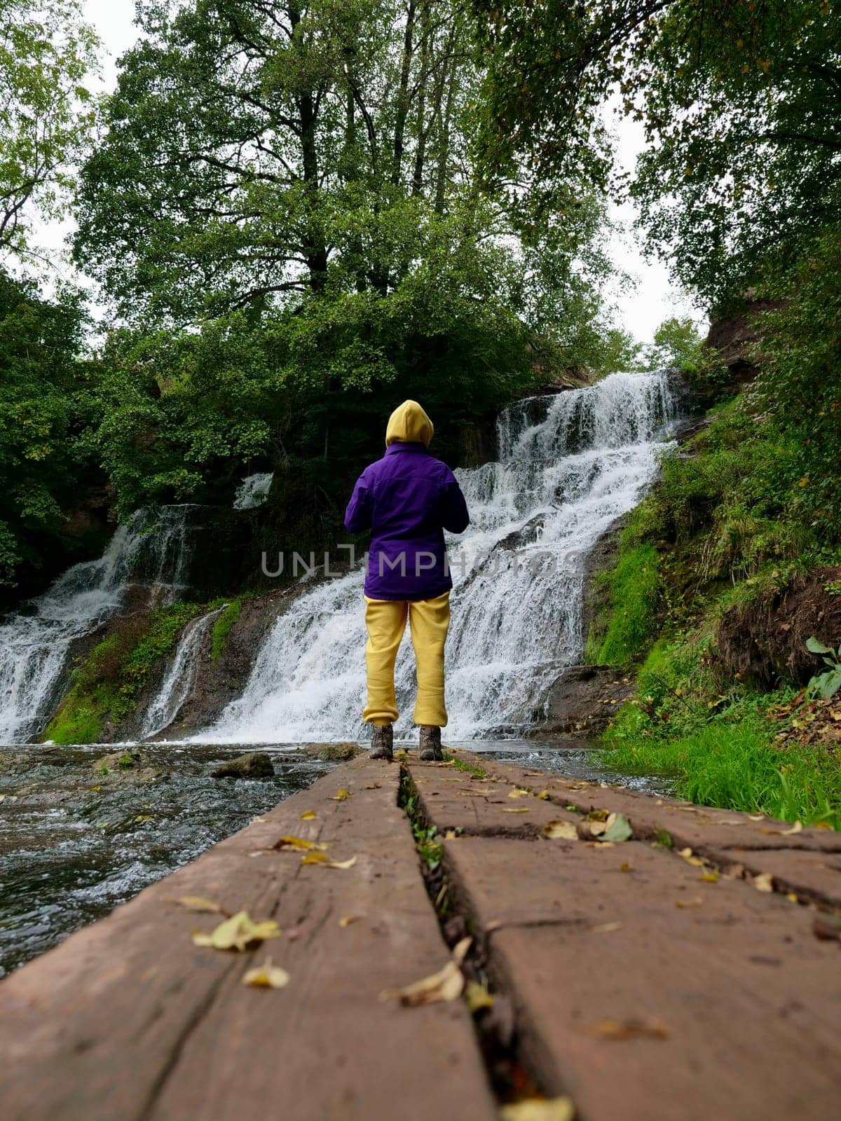 A woman stands with her back to the river in autumn in a yellow suit and purple jacket. The person travels through the Ukrainian Carpathians to the Chervonohorod Dzhuryn waterfall. Vertical