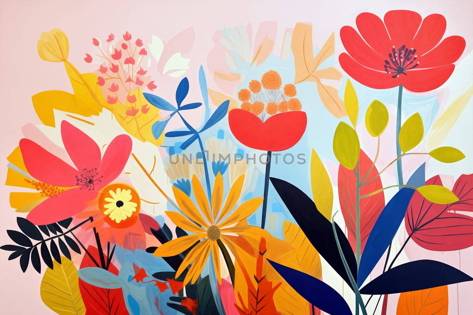 This vibrant mural showcases an array of flowers and leaves in rich colors, creating a lively atmosphere. The design blends bold reds, yellows, and blues - Generative AI