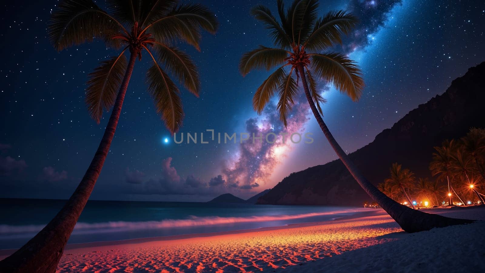 A beautiful beach with two palm trees and a starry sky. The sky is filled with stars and the beach is calm and peaceful
