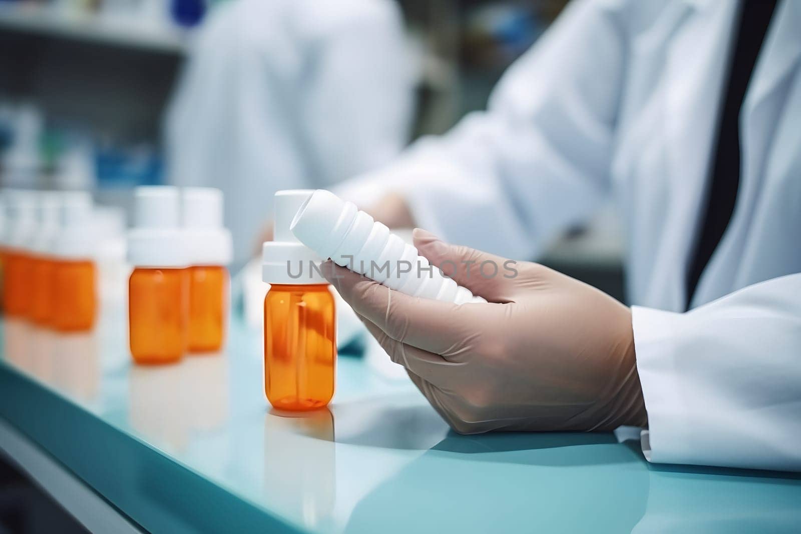 the pharmacist's hands in protective rubber gloves check the jars of medicines on the table in the laboratory or pharmacy. A pharmacist working in a pharmacy. jars and bottles with medicines.