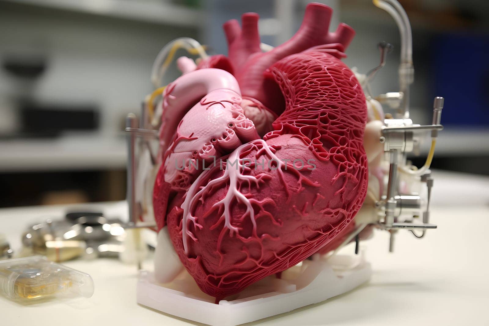 a model of a human heart printed on a 3d printer in the laboratory of high medical and digital technologies. Technologies of the future. Prosthetics and replacement of human organs and limbs with artificial intelligence devices.