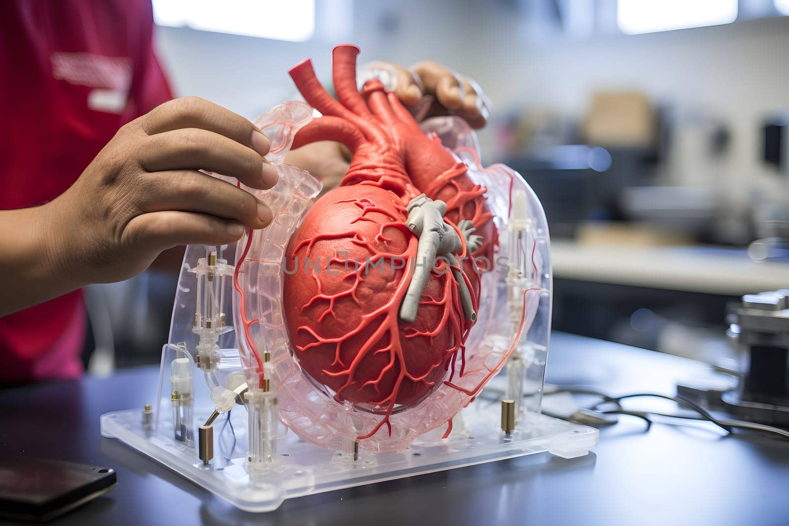 a model of a human heart printed on a 3D printer in a high-tech laboratory. Biological engineering. Creation of biological Prostheses and replacement of human organs and limbs with artificial intelligence devices.