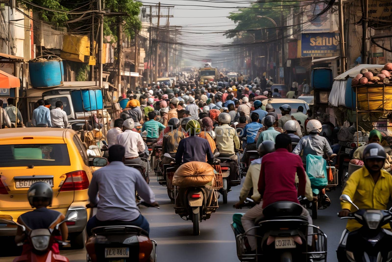 traffic jams on the roads of India. a large number of cars, pedestrians and mopeds. Environmental pollution. Transport collapse. Overpopulation of the city