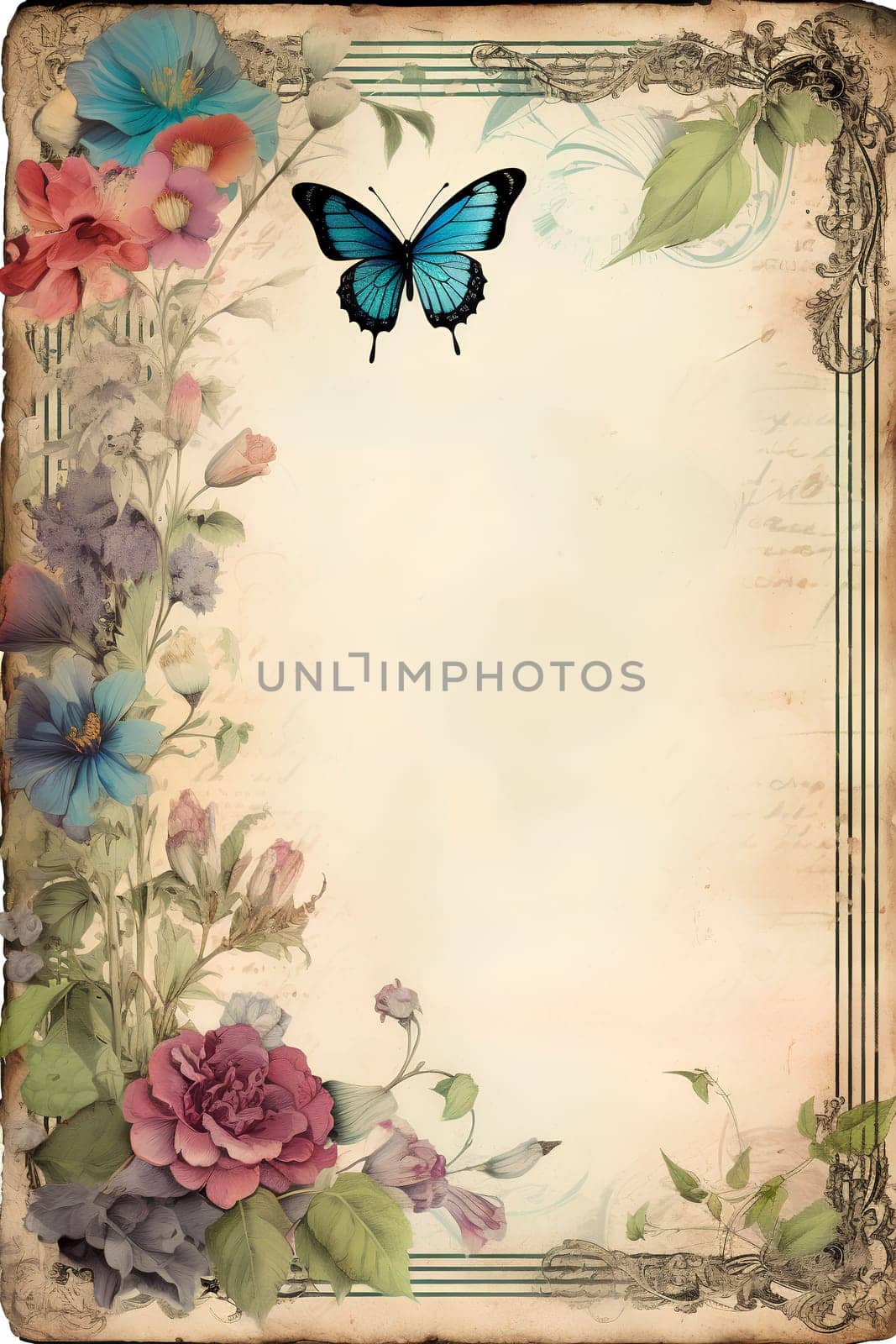 vintage antique old frame with flowers and butterfly - generative AI by chrisroll
