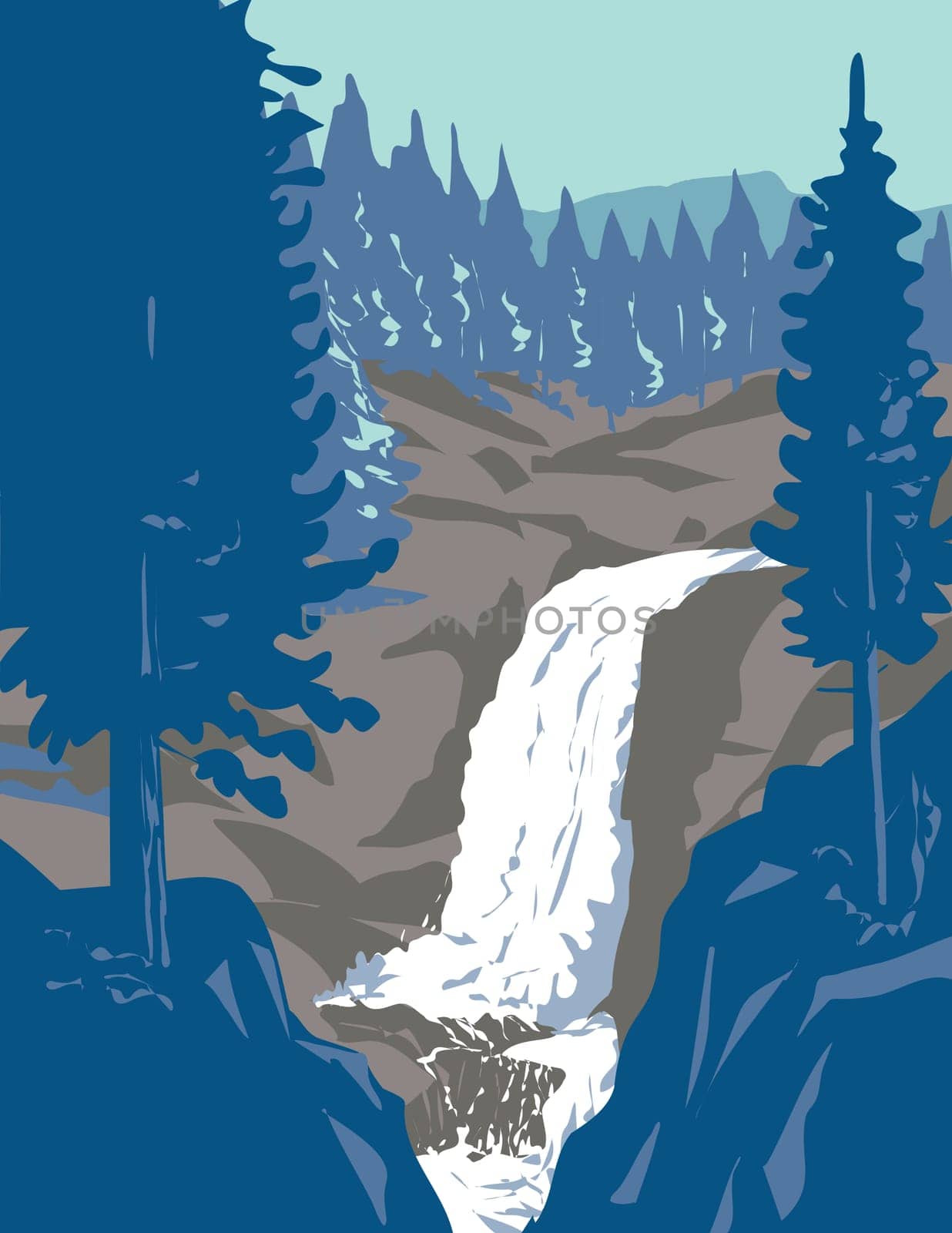 WPA poster art of Alberta Falls in Rocky Mountain National Park in northern Colorado, USA done in works project administration or federal art project style.
