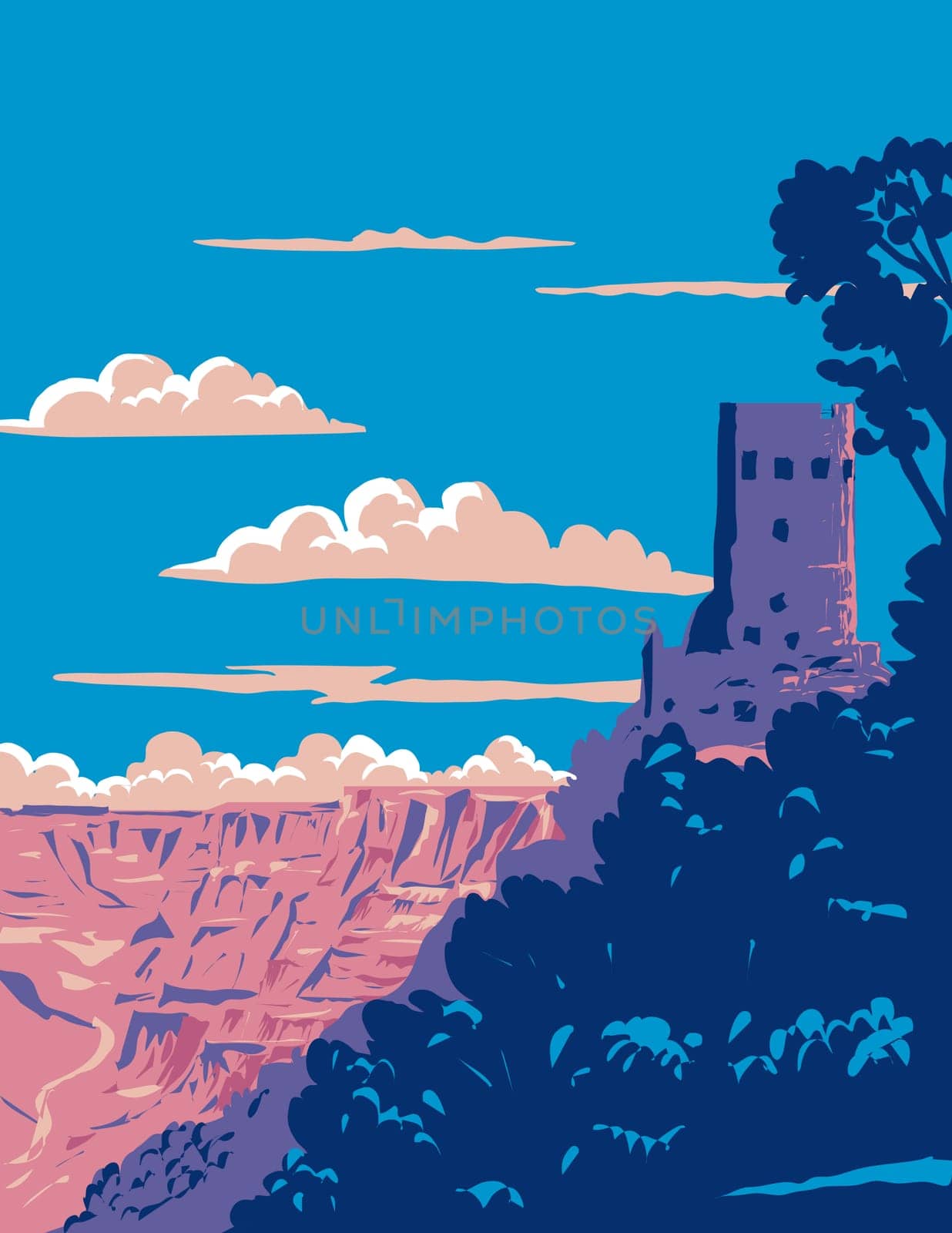 WPA poster art of Desert View Watchtower or the Indian Watchtower on the South Rim of the Grand Canyon National Park, Arizona done in works project administration or federal art project style.
