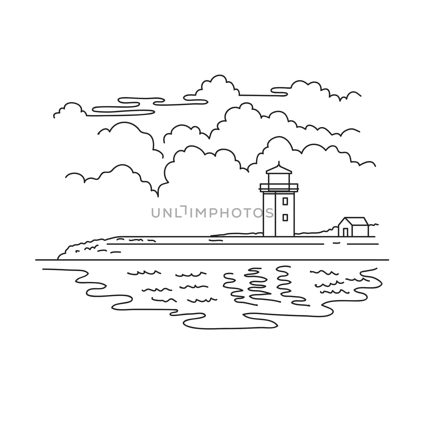 Mono line illustration of Long Point Light Station lighthouse at the northeast tip of Long Point in Provincetown, Massachusetts USA in monoline line art black and white style.
