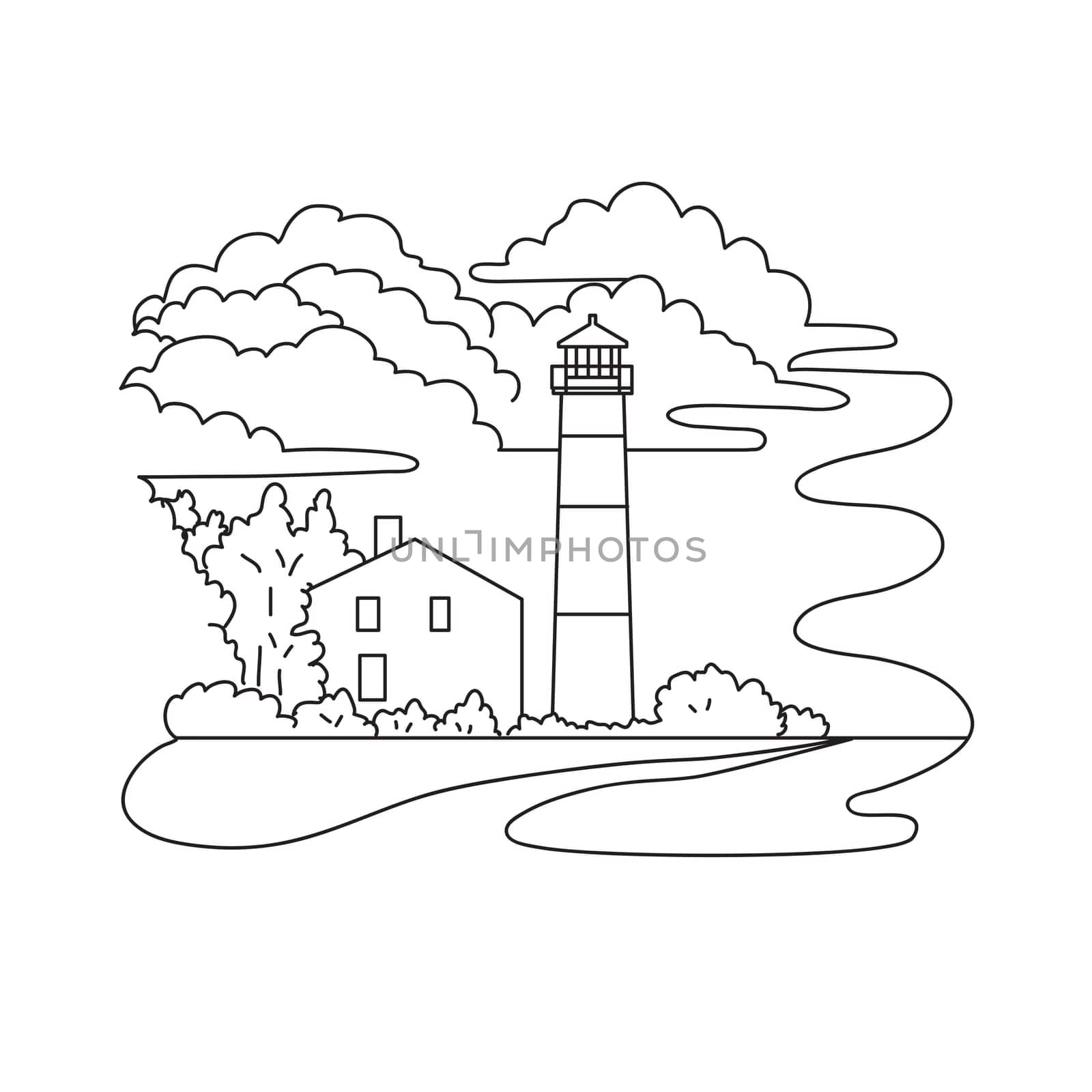 Mono line illustration of Monomoy Point Light or Lighthouse in Vineyard Sound, Chatham, Massachusetts USA in monoline line art black and white style.
