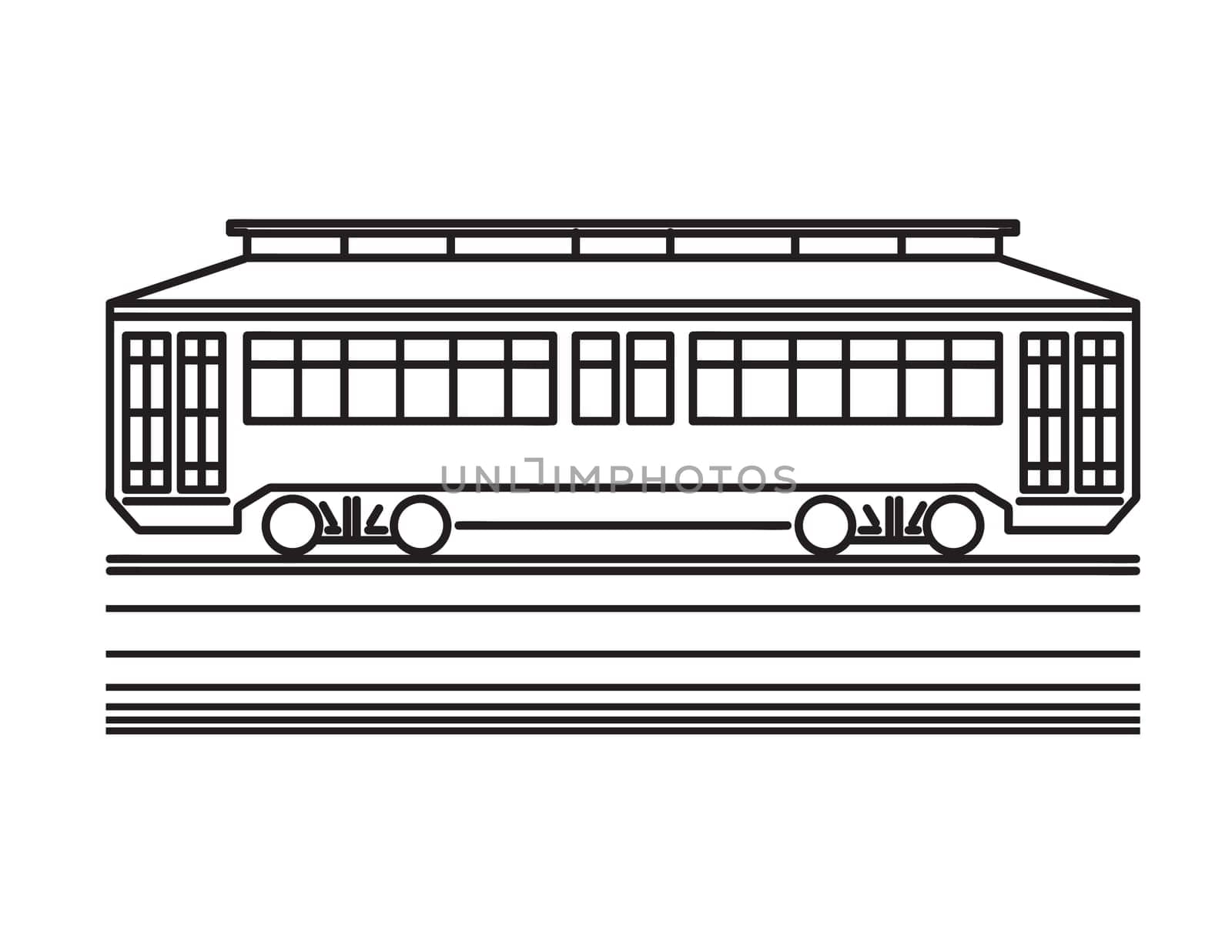 Mono line illustration of a streetcar or trolley car viewed from side done in monoline line art black and white style.
