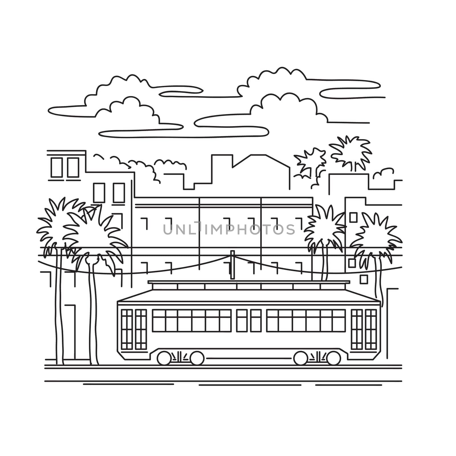 Mono line illustration of a streetcar or trolley car in New Orleans, Louisiana, USA done in monoline line art black and white style.
