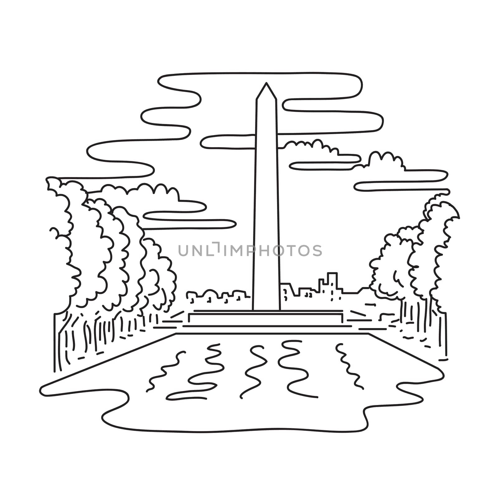 Mono line illustration of the Washington Monument on the National Mall in Washington, DC United States of America done in monoline line black and white art style.