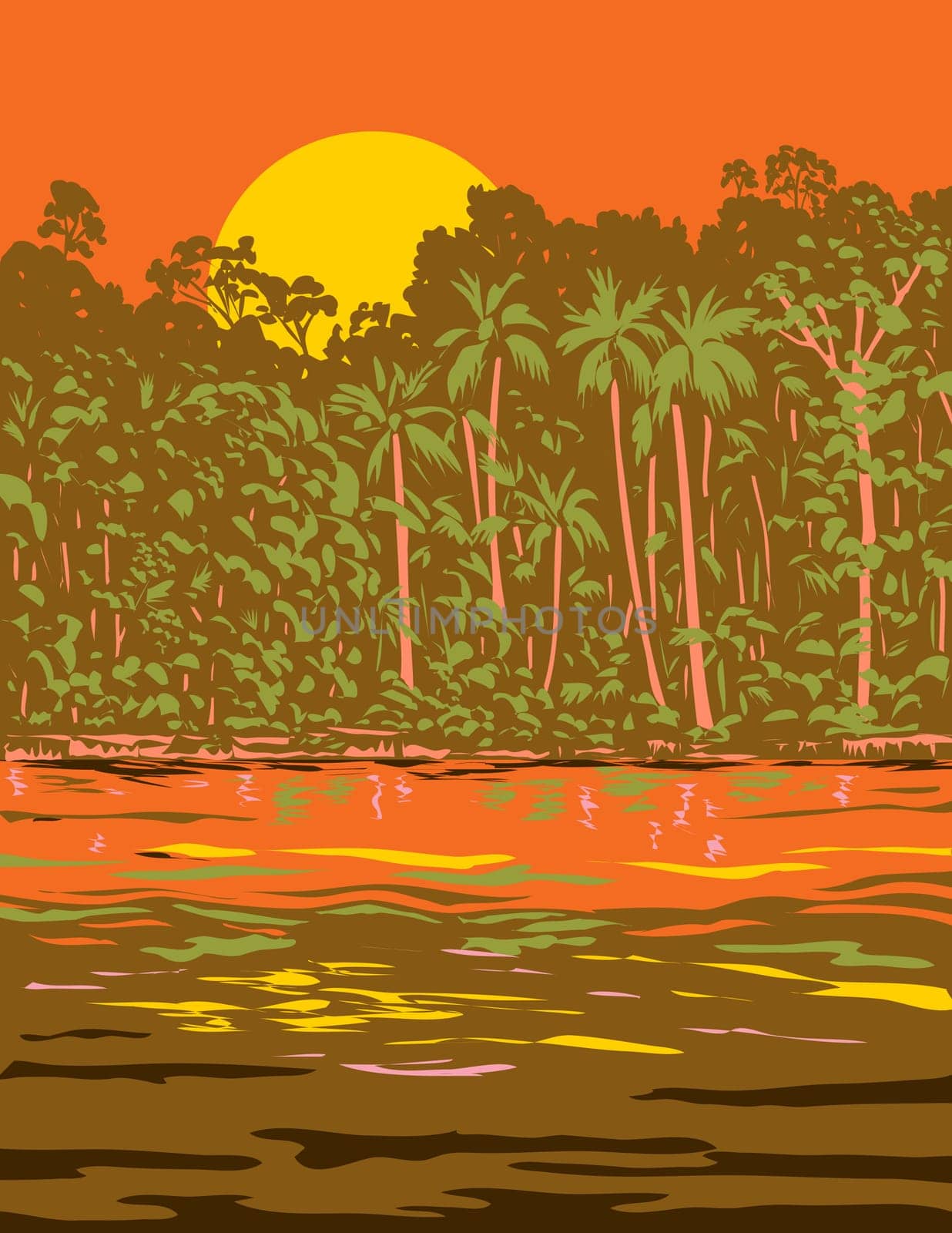 WPA poster art of the Amazon River or Rio Amazonas in Brazil, South America done in works project administration or Art Deco style.
