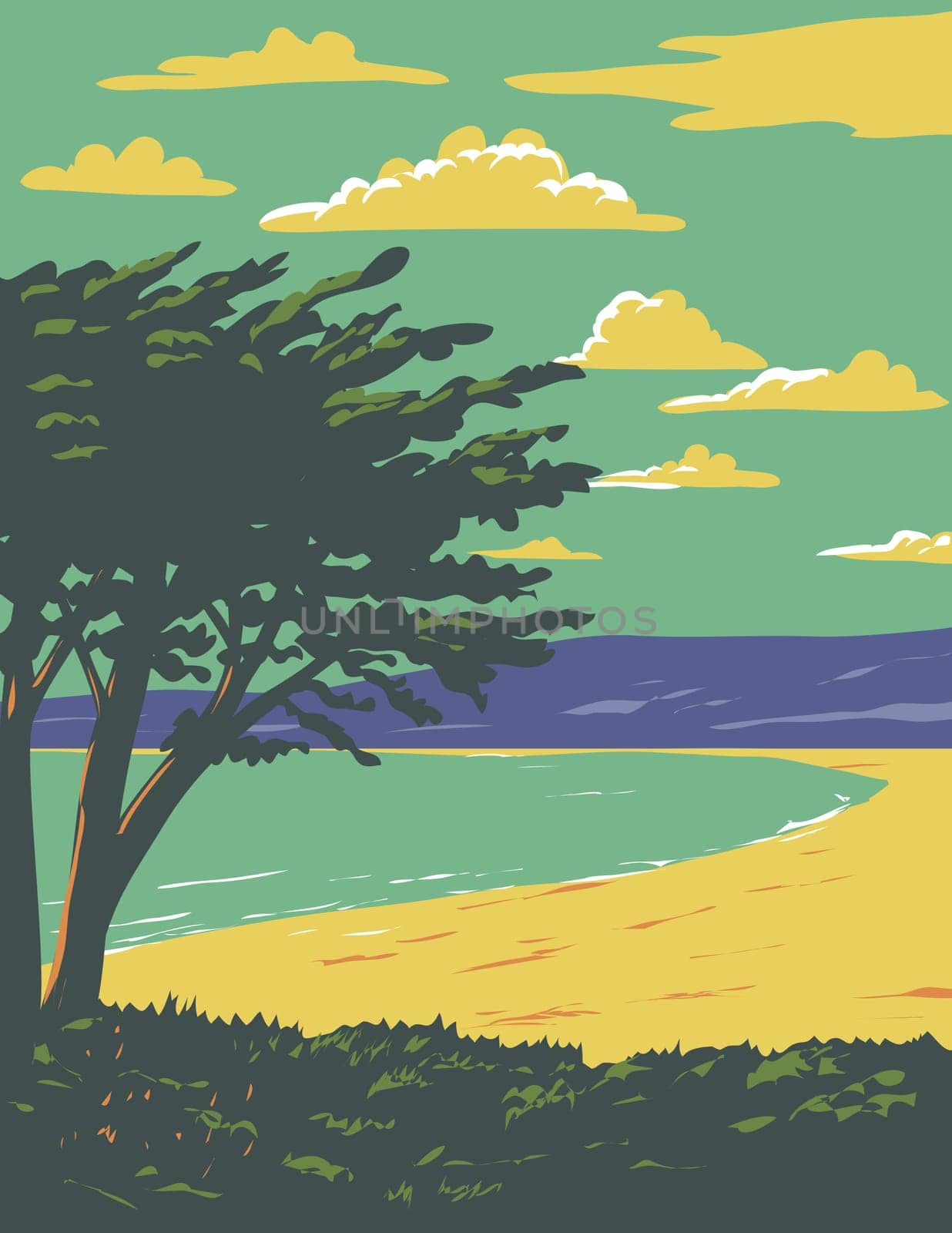 Carmel Beach in Monterey County California WPA Poster Art by patrimonio