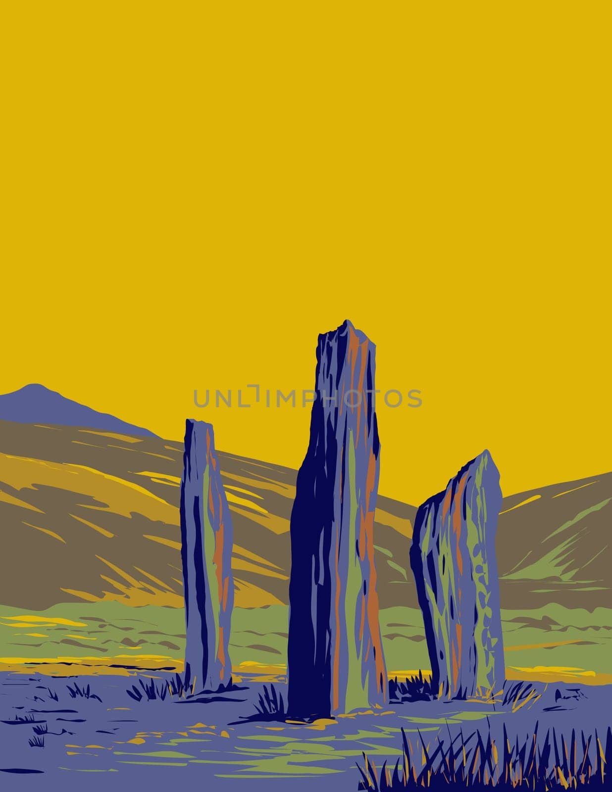 WPA poster art of the Standing Stones on Machrie Moor in the Isle of Arran in Scotland done in works project administration or federal art project style.